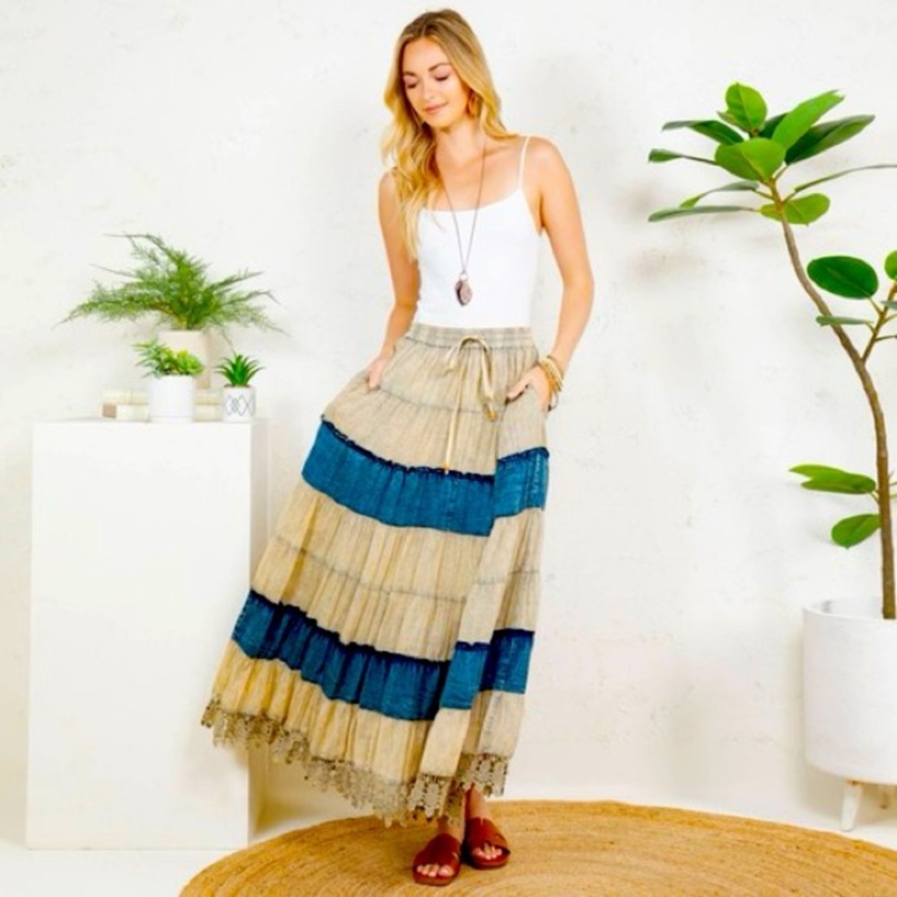 New Young Threads Tiered Maxi Skirt Blue & Tan Boho Size Large